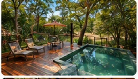 Deck e piscina em meio à natureza
